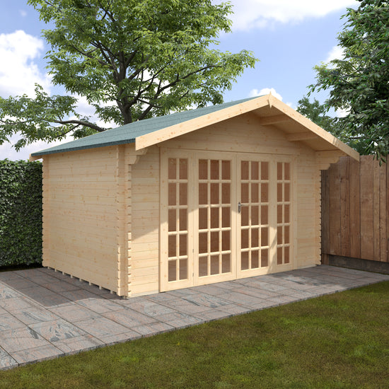 Wooden shed with a green roof in a garden setting