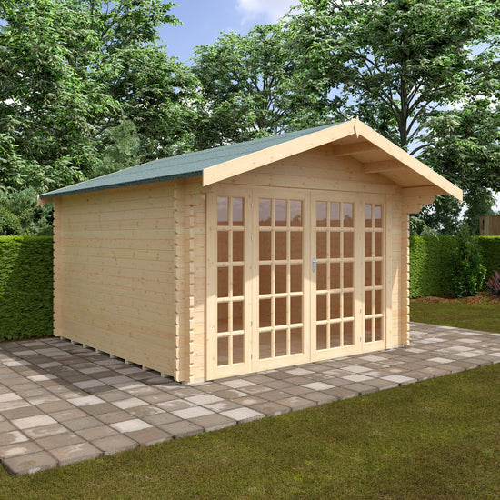 Wooden shed with a green roof in a garden setting