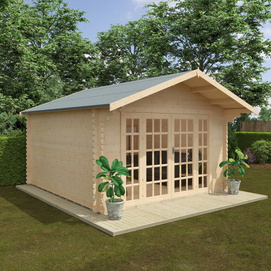Wooden garden shed with a green roof in a garden setting